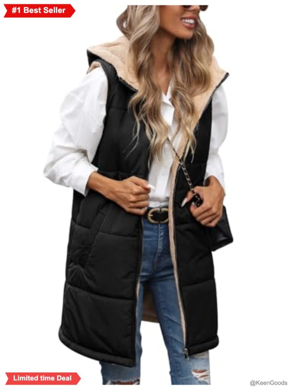 Women's Long Puffer Fleece Vest Reversible Zip Up Winter Warm Sleeveless